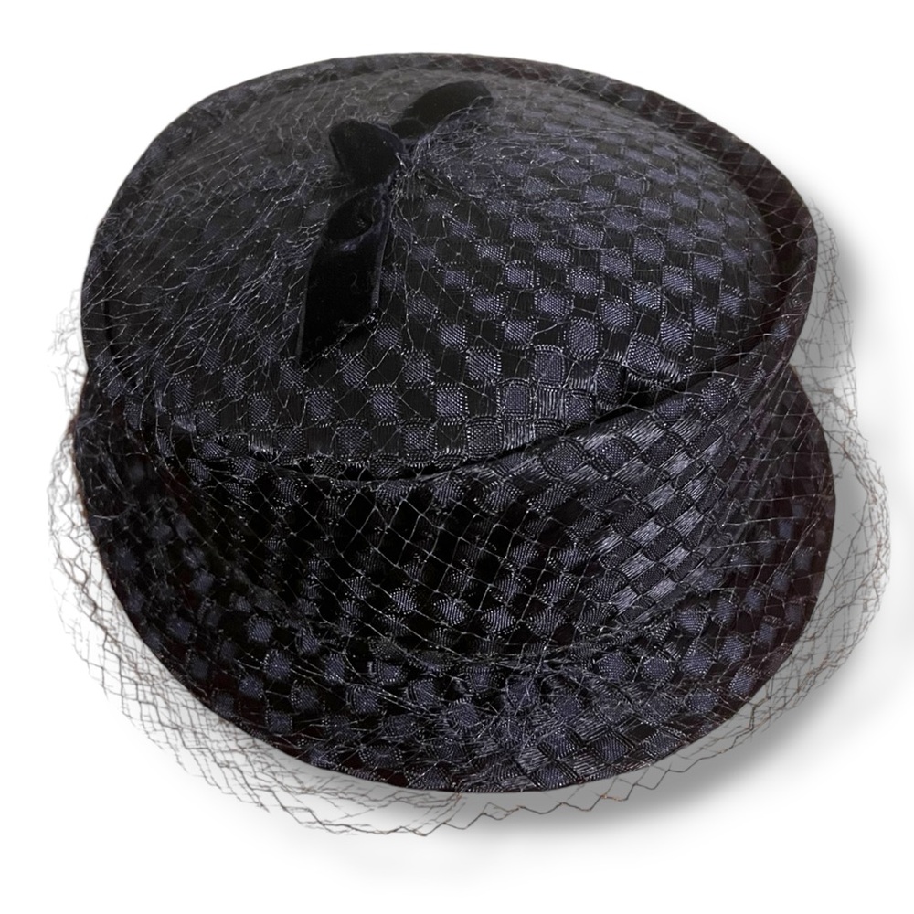 Navy Blue Vintage Woven Hat with Veil and Bow